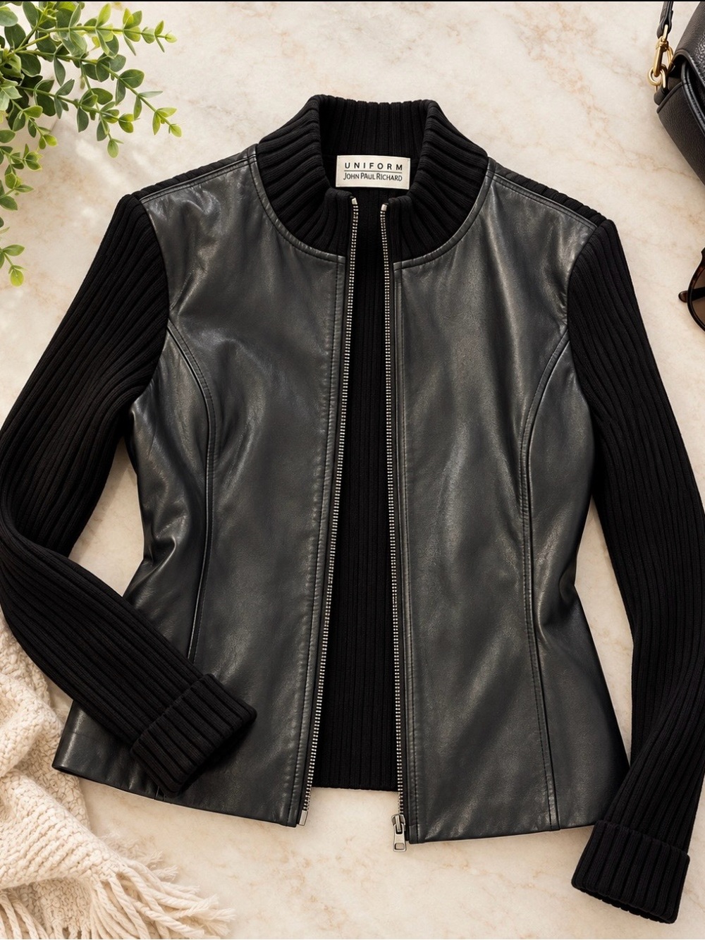 JohnPaulRichard Black Leather Front Bomber Jacket with Ribbed Knit Sleeves